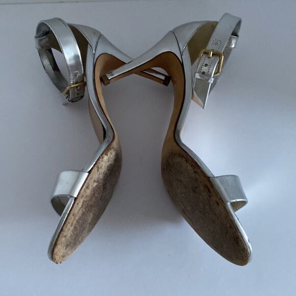 J. Crew 9 Silver Heels One Strap Ankle Strappy Open Sandals Holiday Party Formal - Picture 15 of 16